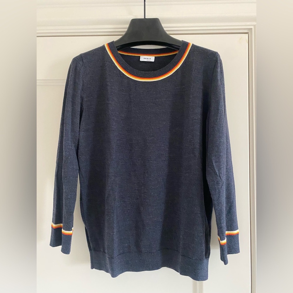 Akris Punto Navy Sweater with Orange and White Trim